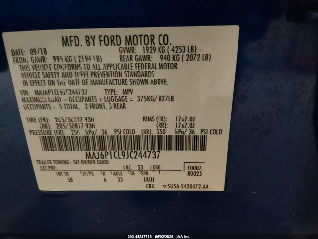 Aukcja sprzedaży 2018 Ford Ecosport Ses, vin: MAJ6P1CL9JC244737, numer aukcji: 45247739