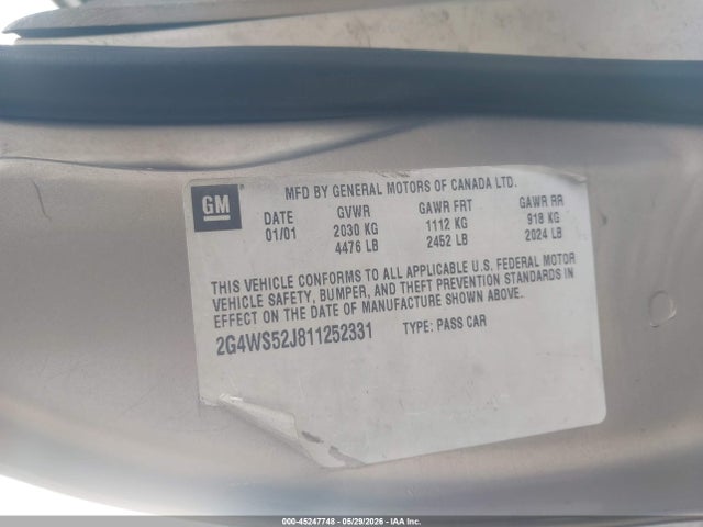 Aukcja sprzedaży 2001 Buick Century Custom, vin: 2G4WS52J811252331, numer aukcji: 45247748