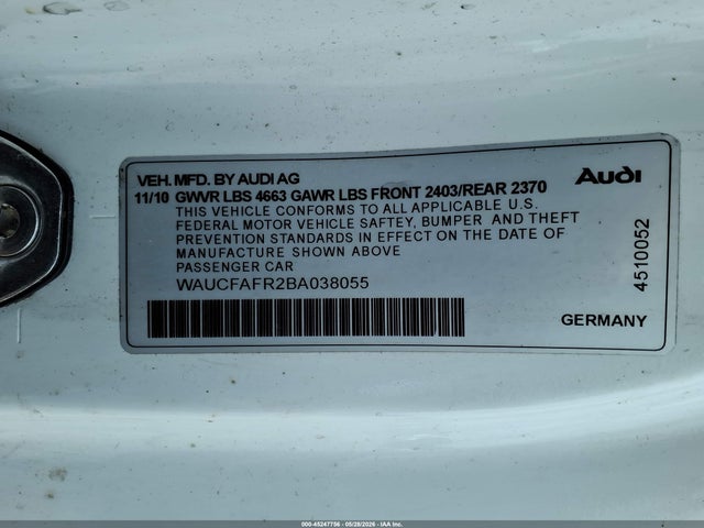 45247756 :رقم المزاد ، WAUCFAFR2BA038055 vin ، 2011 Audi A5 2.0t Premium مزاد بيع
