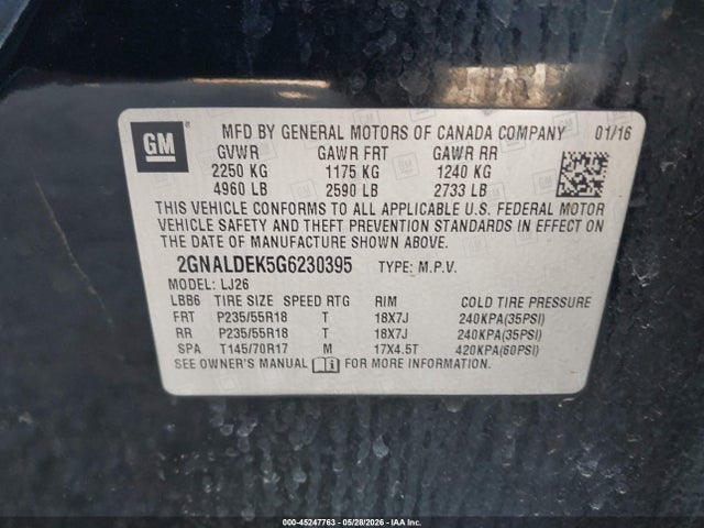 Aukcja sprzedaży 2016 Chevrolet Equinox Ltz, vin: 2GNALDEK5G6230395, numer aukcji: 45247763
