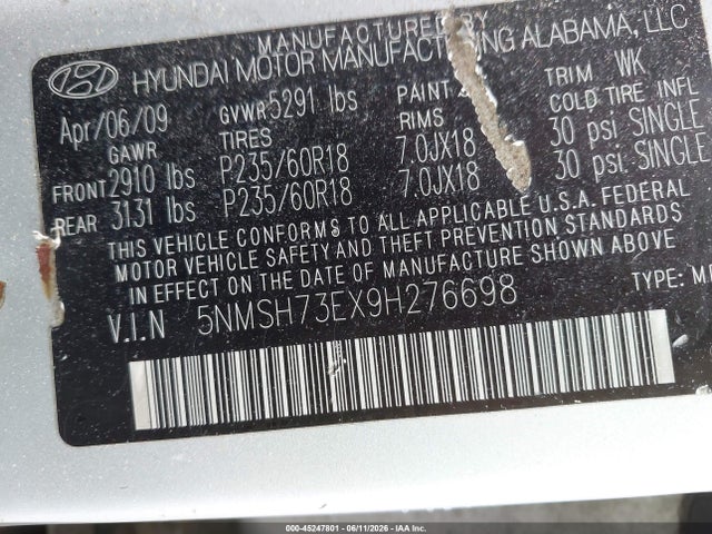 2009 Hyundai Santa Fe Limited მანქანა იყიდება აუქციონზე, vin: 5NMSH73EX9H276698, აუქციონის ნომერი: 45247801