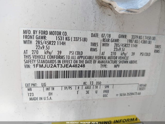 Aukcja sprzedaży 2018 Ford Expedition Limited, vin: 1FMJU2AT3JEA48248, numer aukcji: 45247833