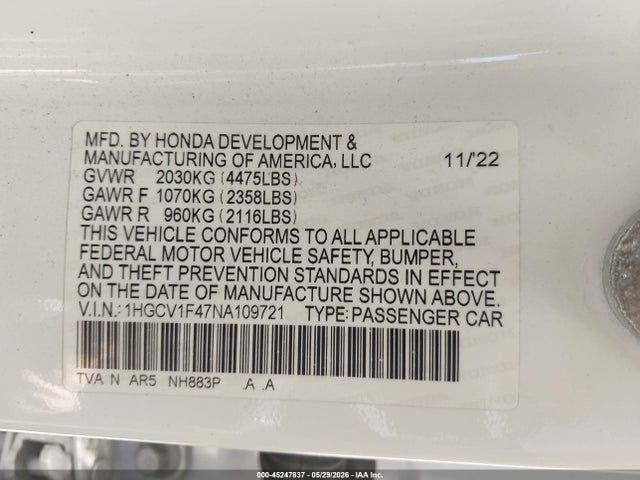 Продажа на аукционе авто 2022 Honda Accord Sport Special Edition, vin: 1HGCV1F47NA109721, номер лота: 45247837