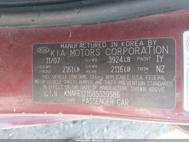 45247841 :رقم المزاد ، KNAFE121585539586 vin ، 2008 Kia Spectra Ex مزاد بيع