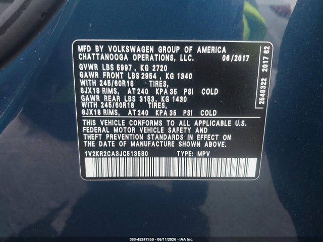 Продаж на аукціоні авто 2018 Volkswagen Atlas 3.6l V6 Se, vin: 1V2KR2CA3JC513580, номер лоту: 45247859