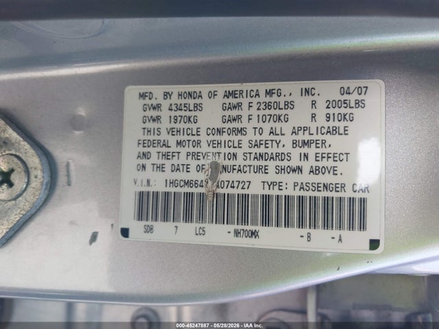 45247887 :رقم المزاد ، 1HGCM66437A074727 vin ، 2007 Honda Accord 3.0 Se مزاد بيع