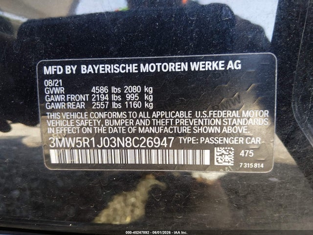 Aukcja sprzedaży 2022 Bmw 330i, vin: 3MW5R1J03N8C26947, numer aukcji: 45247892