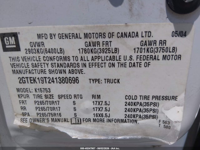 45247907 :رقم المزاد ، 2GTEK19T241380696 vin ، 2004 Gmc Sierra 1500 Sle مزاد بيع