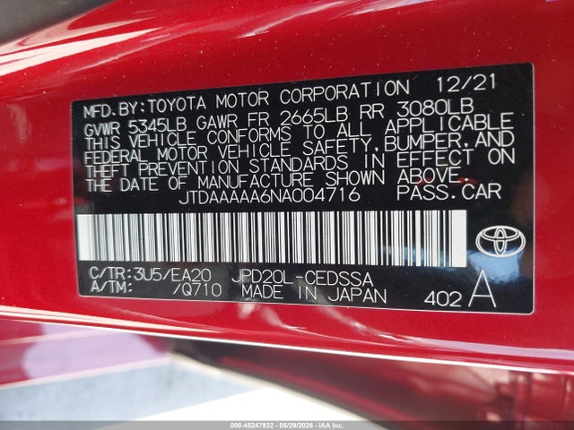 45247932 :رقم المزاد ، JTDAAAAA6NA004716 vin ، 2022 Toyota Mirai Xle مزاد بيع