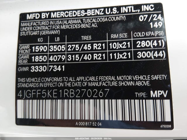 Aukcja sprzedaży 2024 Mercedes-benz Gls 450 4matic, vin: 4JGFF5KE1RB270267, numer aukcji: 45247940