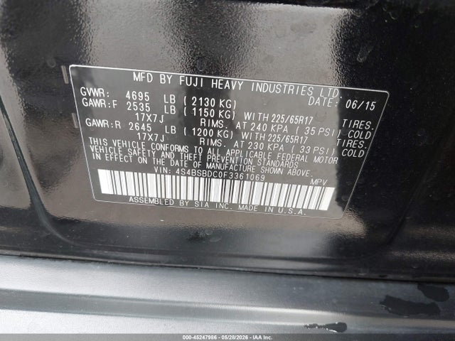 Aukcja sprzedaży 2015 Subaru Outback 2.5i Premium, vin: 4S4BSBDC0F3361069, numer aukcji: 45247986