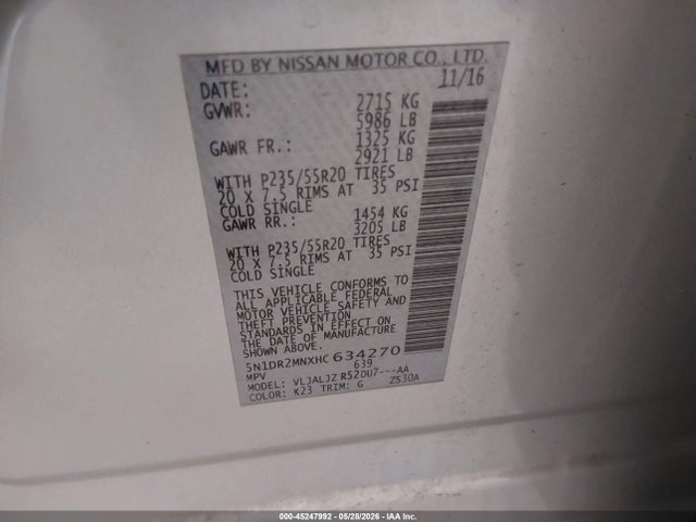 Продажа на аукционе авто 2017 Nissan Pathfinder Platinum, vin: 5N1DR2MNXHC634270, номер лота: 45247992