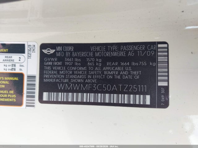 2010 Mini Cooper მანქანა იყიდება აუქციონზე, vin: WMWMF3C50ATZ25111, აუქციონის ნომერი: 45247999