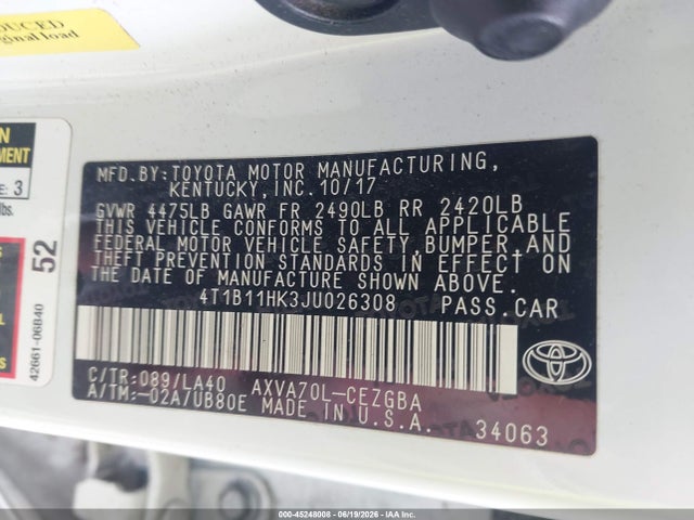 2018 Toyota Camry Xle მანქანა იყიდება აუქციონზე, vin: 4T1B11HK3JU026308, აუქციონის ნომერი: 45248008
