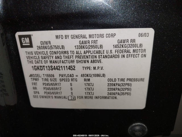 Aukcja sprzedaży 2004 Gmc Envoy Sle, vin: 1GKDT13S442111452, numer aukcji: 45248019