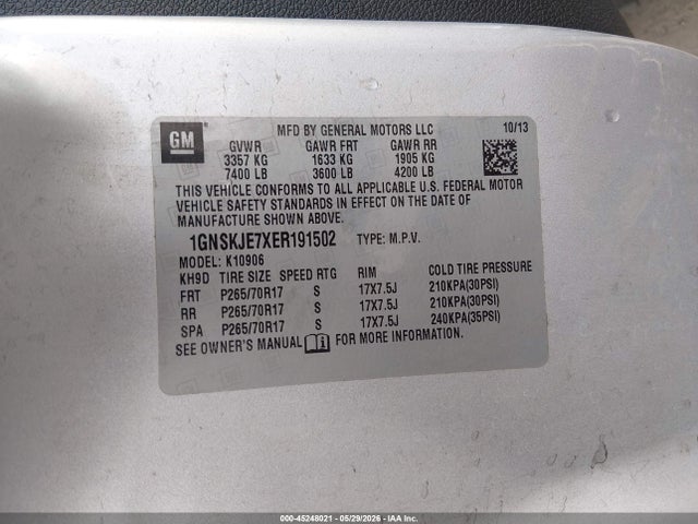 2014 Chevrolet Suburban 1500 Lt მანქანა იყიდება აუქციონზე, vin: 1GNSKJE7XER191502, აუქციონის ნომერი: 45248021