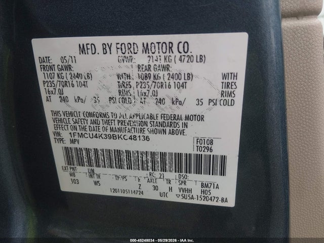 Aukcja sprzedaży 2011 Ford Escape Hybrid, vin: 1FMCU4K39BKC48136, numer aukcji: 45248034