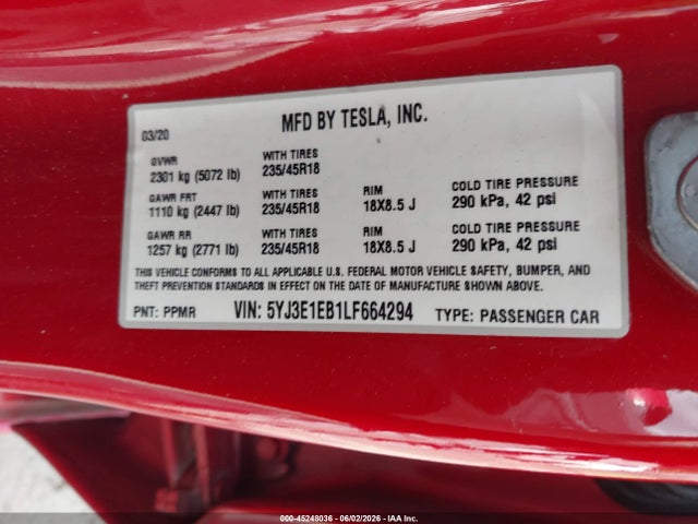 Продаж на аукціоні авто 2020 Tesla Model 3 Long Range Dual Motor All-wheel Drive, vin: 5YJ3E1EB1LF664294, номер лоту: 45248036