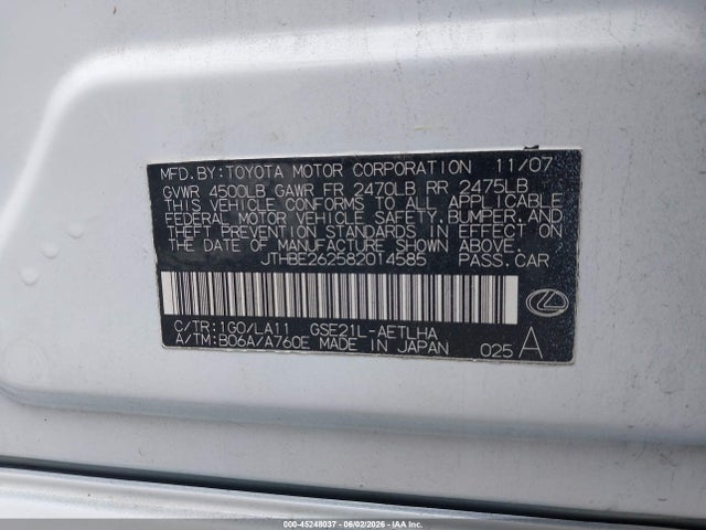 Продажа на аукционе авто 2008 Lexus Is 350, vin: JTHBE262582014585, номер лота: 45248037