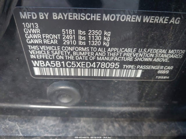 2014 Bmw 535i მანქანა იყიდება აუქციონზე, vin: WBA5B1C5XED478095, აუქციონის ნომერი: 45248079
