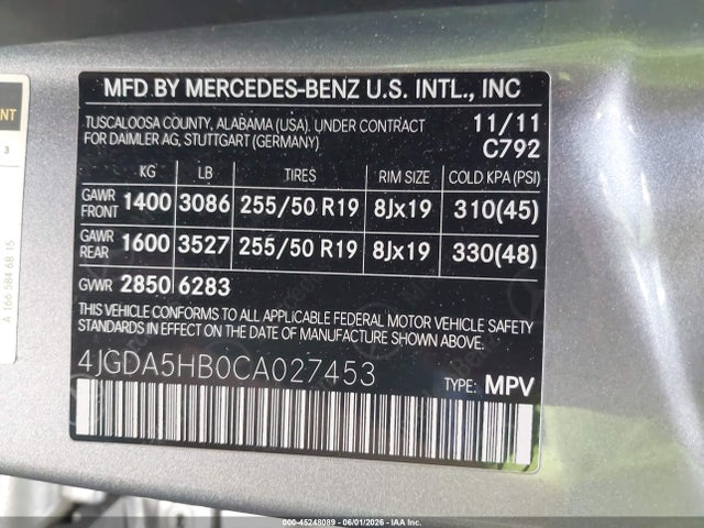 Продаж на аукціоні авто 2012 Mercedes-benz Ml 350 4matic, vin: 4JGDA5HB0CA027453, номер лоту: 45248089
