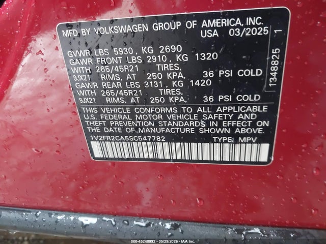 45248092 :رقم المزاد ، 1V2FR2CA5SC547782 vin ، 2025 Volkswagen Atlas 2.0t Sel Premium R-line مزاد بيع