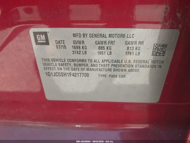 2015 Chevrolet Sonic Lt Auto მანქანა იყიდება აუქციონზე, vin: 1G1JC5SH1F4217708, აუქციონის ნომერი: 45248094