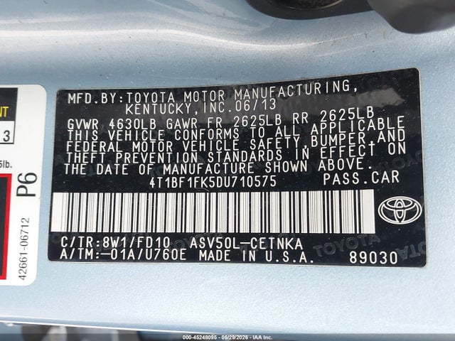 45248095 :رقم المزاد ، 4T1BF1FK5DU710575 vin ، 2013 Toyota Camry Le مزاد بيع
