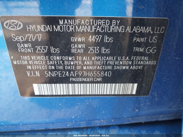 Aukcja sprzedaży 2018 Hyundai Sonata Se, vin: 5NPE24AF9JH655840, numer aukcji: 45248098