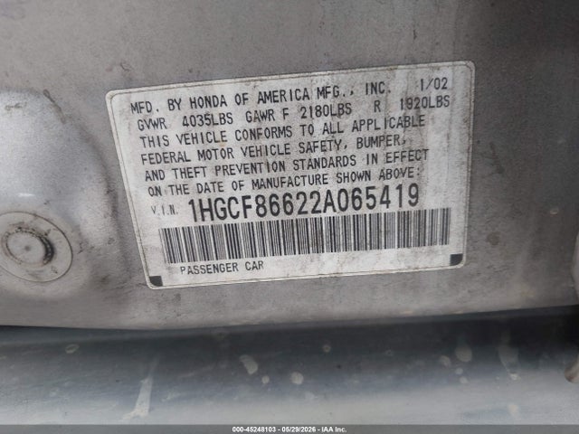 45248103 :رقم المزاد ، 1HGCF86622A065419 vin ، 2002 Honda Accord 2.3 Vp مزاد بيع