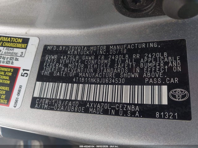 2018 Toyota Camry Le მანქანა იყიდება აუქციონზე, vin: 4T1B11HK9JU634530, აუქციონის ნომერი: 45248104