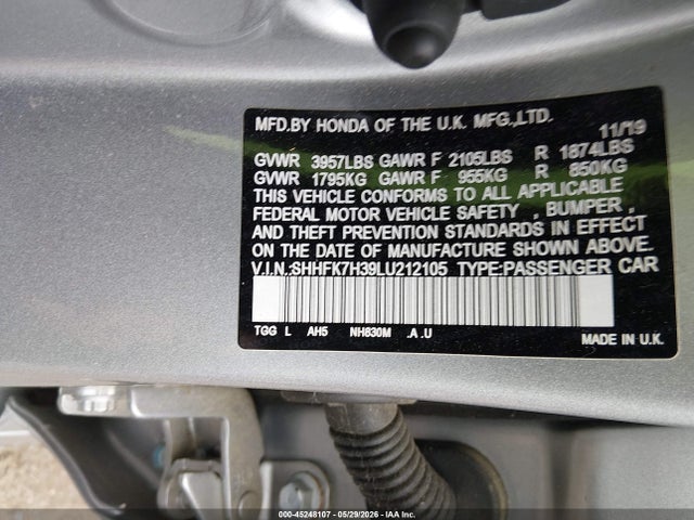 Продажа на аукционе авто 2020 Honda Civic Lx, vin: SHHFK7H39LU212105, номер лота: 45248107