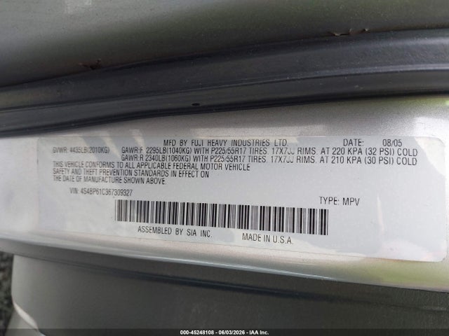 Aukcja sprzedaży 2006 Subaru Outback 2.5i, vin: 4S4BP61C367309327, numer aukcji: 45248108