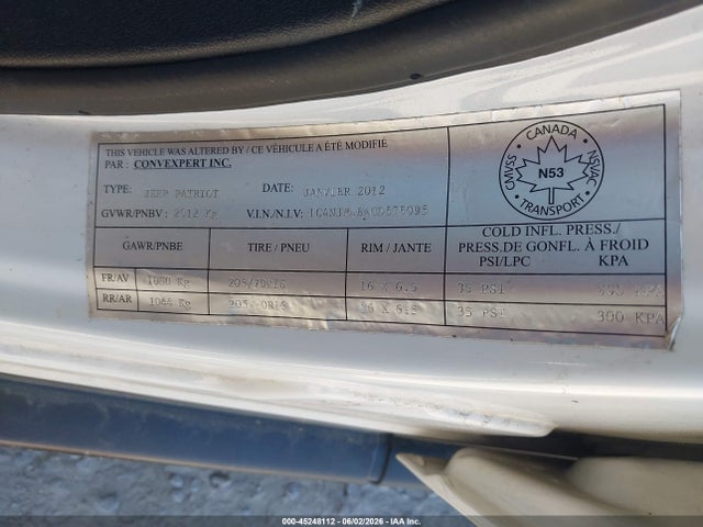 2012 Jeep Patriot Sport/north მანქანა იყიდება აუქციონზე, vin: 1C4NJPAB4CD575095, აუქციონის ნომერი: 45248112