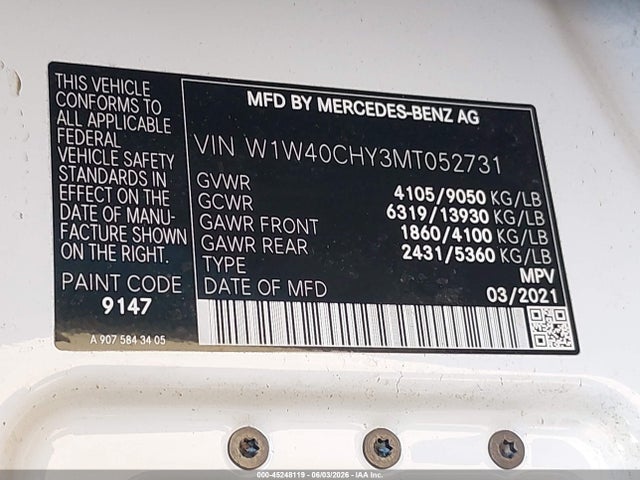 45248119 :رقم المزاد ، W1W40CHY3MT052731 vin ، 2021 Mercedes-benz Sprinter 2500 High Roof I4 مزاد بيع