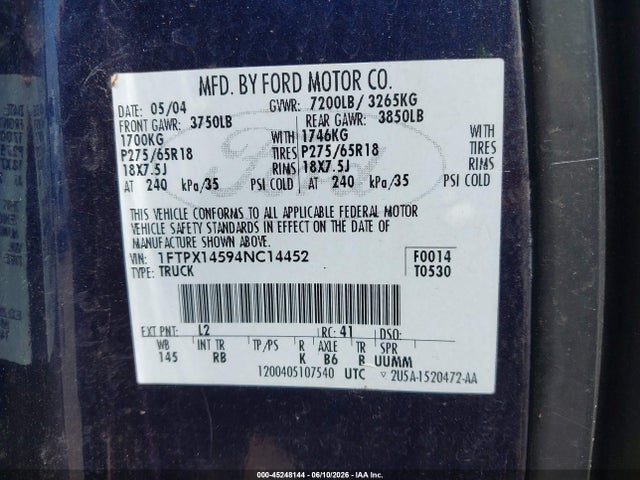 Aukcja sprzedaży 2004 Ford F-150 Fx4/lariat/xl/xlt, vin: 1FTPX14594NC14452, numer aukcji: 45248144