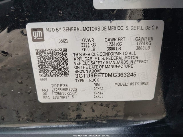 2021 Gmc Sierra 1500 4wd  Short Box At4 მანქანა იყიდება აუქციონზე, vin: 3GTU9EET0MG363245, აუქციონის ნომერი: 45248145