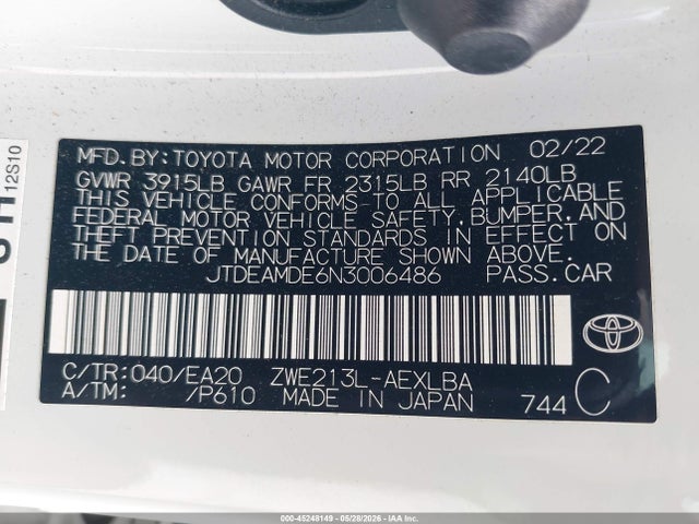 Продаж на аукціоні авто 2022 Toyota Corolla Hybrid Le, vin: JTDEAMDE6N3006486, номер лоту: 45248149