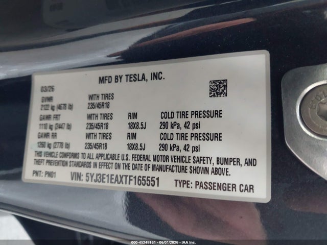 Aukcja sprzedaży 2026 Tesla Model 3 Premium Rear-wheel Drive/rear-wheel Drive, vin: 5YJ3E1EAXTF165551, numer aukcji: 45248161