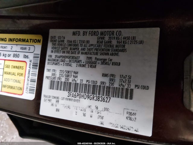 Ford FUSION SE 2016 3FA6P0HD9GR383627 Image 9