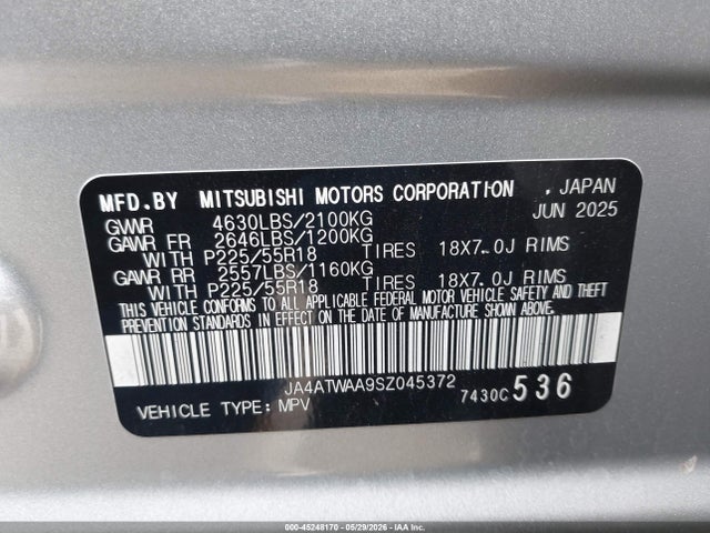 45248170 :رقم المزاد ، JA4ATWAA9SZ045372 vin ، 2025 Mitsubishi Eclipse Cross Black Edition S-awc/se S-awc/sel S-awc مزاد بيع