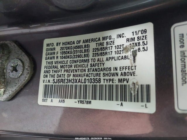 Продажа на аукционе авто 2010 Honda Cr-v Lx, vin: 5J6RE3H3XAL010358, номер лота: 45248178