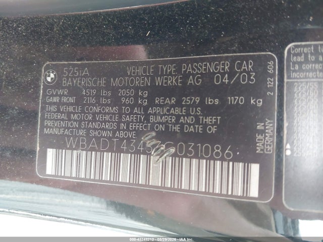 Aukcja sprzedaży 2003 Bmw 525ia, vin: WBADT43433G031086, numer aukcji: 45248212
