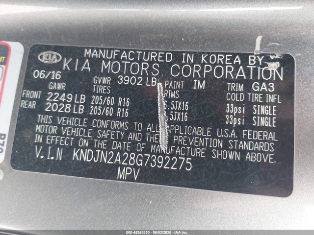 Aukcja sprzedaży 2016 Kia Soul, vin: KNDJN2A28G7392275, numer aukcji: 45248250