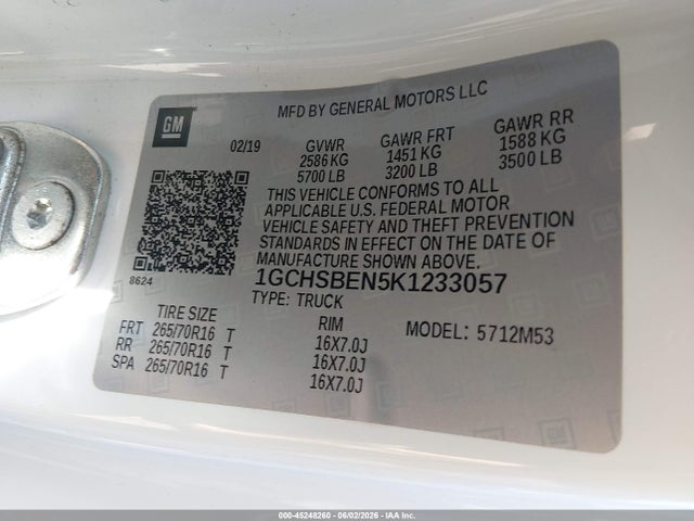 Aukcja sprzedaży 2019 Chevrolet Colorado Wt, vin: 1GCHSBEN5K1233057, numer aukcji: 45248260