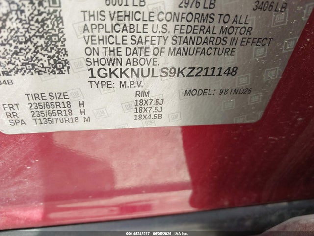 Aukcja sprzedaży 2019 Gmc Acadia Slt-1, vin: 1GKKNULS9KZ211148, numer aukcji: 45248277