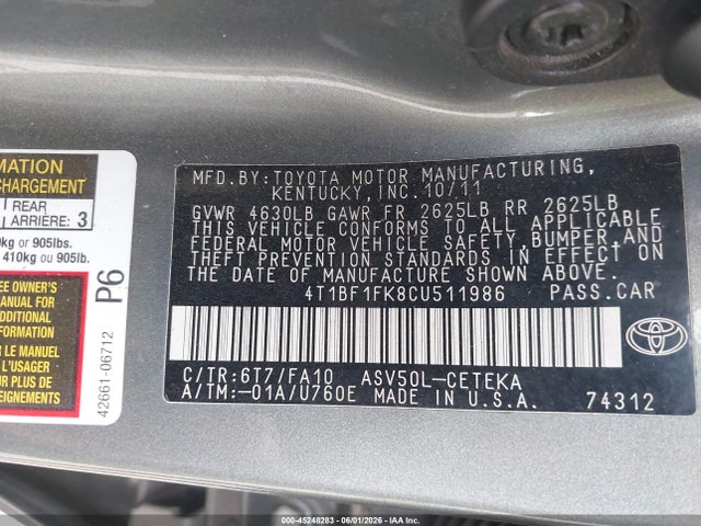 Продажа на аукционе авто 2012 Toyota Camry L, vin: 4T1BF1FK8CU511986, номер лота: 45248283