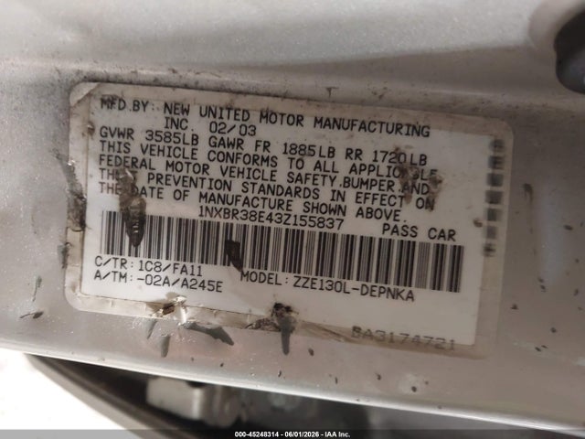 Продажа на аукционе авто 2003 Toyota Corolla Le, vin: 1NXBR38E43Z155837, номер лота: 45248314