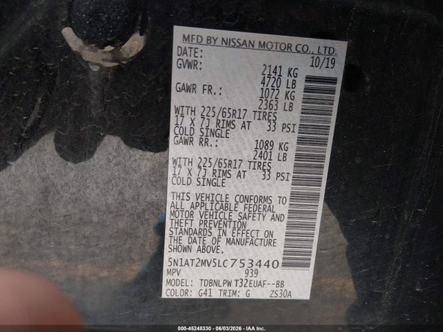 Продаж на аукціоні авто 2020 Nissan Rogue S Intelligent Awd, vin: 5N1AT2MV5LC753440, номер лоту: 45248330