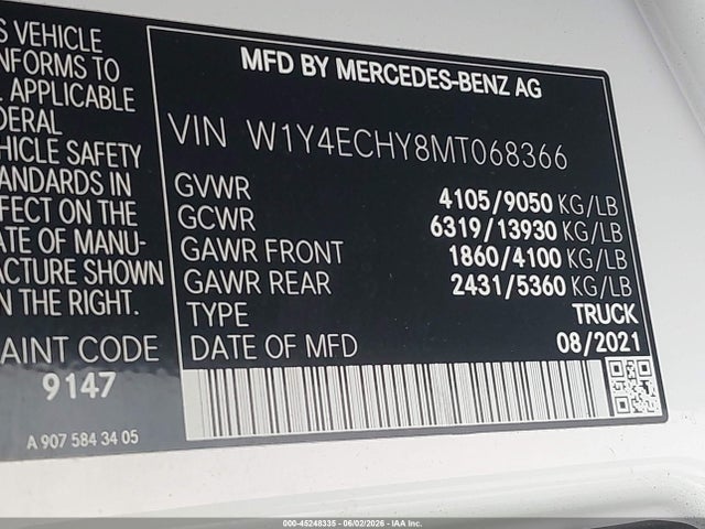 Aukcja sprzedaży 2021 Mercedes-benz Sprinter 2500 High Roof V6, vin: W1Y4ECHY8MT068366, numer aukcji: 45248335